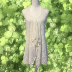 森ガール フェアリーグランジ 総レース ホルターネックノースリーブチュニック 白