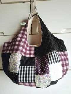 パープル系チェックパッチワーク　ころりん丸底グラニーバッグ　ハンドメイド