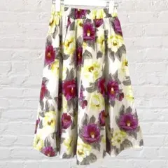 フレアスカート 花柄 カラフル ミモレ丈 ウエストゴム 綿混 タグ付き美品