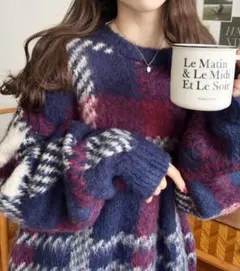 ビッグチェックジャガードシャギーニットプルオーバー