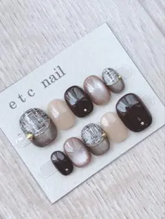 No.414ベリーショート　ネイルチップ　ブラウン　チェック　マグ　冬