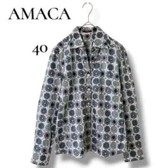 AMACA 花柄 長袖シャツ ブラウス 40 L ブルー 日本製 7-699のサムネイル