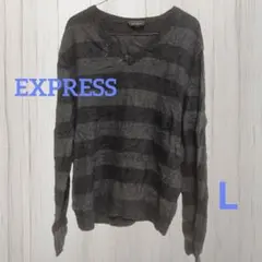 EXPRESS グレーと黒のストライプ Vネックセーター Lのサムネイル