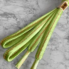 【未使用】絹 帯締め☆平組 若草色(黄緑)×サーモンピンク ライン柄 組紐