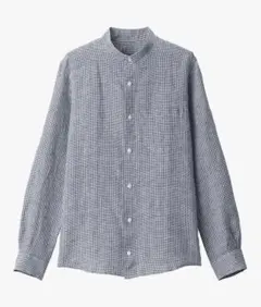 無印良品　フレンチリネン洗いざらしスタンドカラーシャツ　ダークネイビーチェック