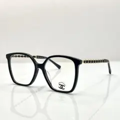 CHANEL 眼鏡用フレーム新作スクエアテンプル皮使用ココマーク付ブラック✖️GD