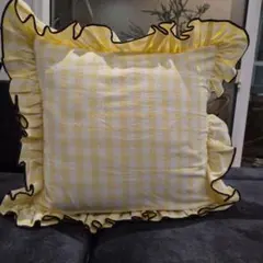 Francfranc イエローチェック 今季フリルクッションカバー