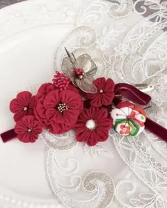 七五三 髪飾り つまみ細工 ベルベットリボン ヘッドドレス レッド 041005