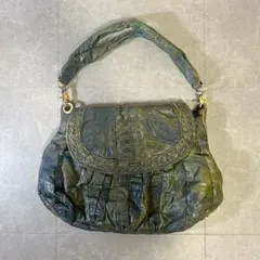 レザーハンドバック 2way 肩掛け パッチワーク グリーン グランジ