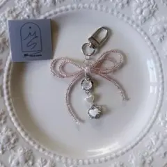 二重リボン ビーズキーホルダー ストラップチャーム y2k 韓国
