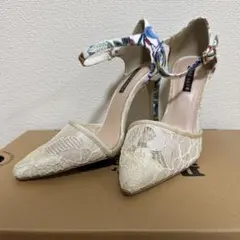 フラワー刺繍 パンプス 22cm ヒール10cm ストラップ付き 美品