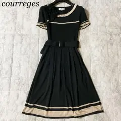 クレージュ　ワンピース　ウエストベルト　Aライン　バイカラー　フリル　コサージュのサムネイル