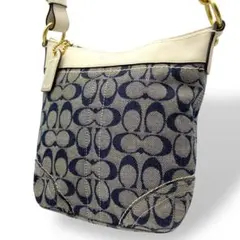 良品 コーチ ショルダーバッグ 斜め掛け キャンバス デニム シグネチャー ロゴ