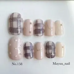 【158】現品　サイズ•チップ変更可　ネイルチップ　パープルチェック×ドッド