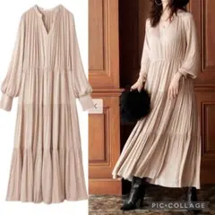 【完売品】IEDIT プリーツ　ロング　ワンピース　長袖　フレア　LL ベージュ
