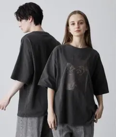 CLEL ヴィンテージデザイン 半袖ピグメントプリントTシャツチャコール×バラ