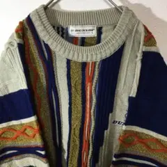 【個性派古着】ダンロップ　総柄デザインニット 3D立体編み ベージュ 刺繍入 L
