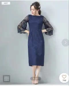 ネイビー レース袖 Aラインドレス ミディ丈