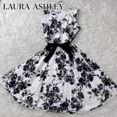 希少サイズ ローラアシュレイ ノースリーブワンピース ミモレ丈 花柄 モノトーン