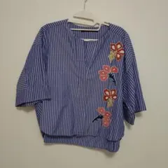 ZARA WOMAN ストライプ柄刺繍ブラウス EU M