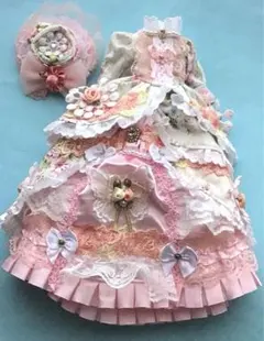 ジェニーフレンド27cmドール服 グレーと赤ピンクのボリュームドレス