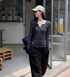 ネックストライプ トップス 秋服