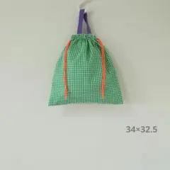 【ハンドメイド】みどりのチェックの持ち手付き巾着 5. 体操服袋/お着替え袋