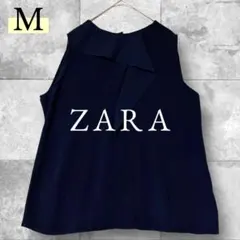 ZARA ノースリーブ ブラウス シャツ M 紺色 透け感 薄手 無地