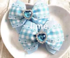 水色♡チェックリボン　ヘアゴム　キッズリボン　ハンドメイド