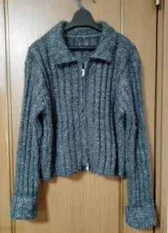 ROPEPICNIC　ラメフェザー衿付ジップカーディガン　チャコール　グレー　M