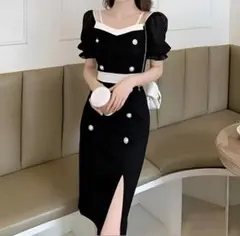 【新品】黒いスリット入りドレス　パール釦　キャバドレス　クラブ　綺麗め♡