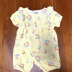 ギンガムチェック　さくらんぼ柄　半袖ロンパース　黄色