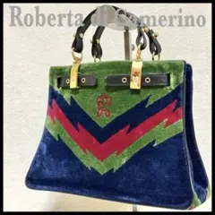 希少✨ ロベルタ ディ カメリーノ バゴンギ ベロア ハンドバッグ シェブロン柄 美品 オールドロベルタ ☆ ロゴ柄 ベロア バゴンギ ハンドバッグ