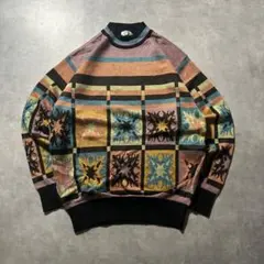 ヴィンテージ 総柄 幾何学 民族模様 レトロ アートパターン ニット セーター