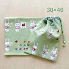☆給食セット 巾着&ランチョンマット お絵かきうさぎ＊グリーン＊片紐30×40