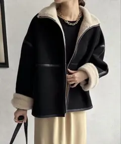 DouDou フェイクムートンハーフコート ブラック