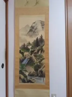 4122 由井大起「水墨山水」 肉筆 絹本 日本画 掛軸 二重箱 2025