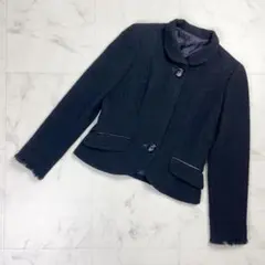 Leilian ツイードジャケット フリンジ チェック柄 黒 *OD196