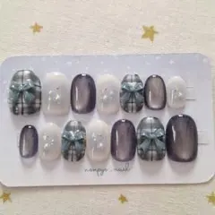 ネイビー・紺系♡チェック・リボンネイルチップ♡ショートオーバル14本