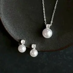 パール ダイヤ ネックレス イヤリング セット 1粒 ステンレス 新品 シルバー