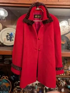 最高級アンゴラ×ウール混ハーフコート　ミンク襟　希少ローズレッド　百貨店購入