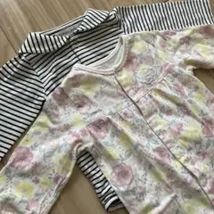 70サイズ ボーダー・花柄ロンパース2点セット 長袖 春 カバーオール 女の子