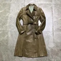 90s vintage レザートレンチコート　ロング　カーキ　本革　ベルト