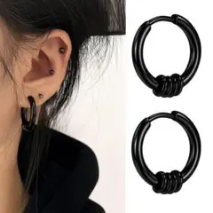 5連リング　フープピアス　12㎜　ブラック　ステンレス　アレルギー対応