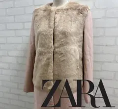★美品★ ZARA ベージュ ピンク ファーコート ノーカラー
