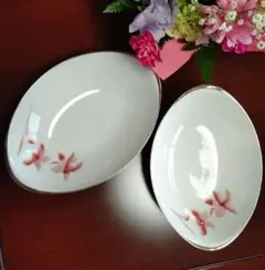 昭和レトロカレー皿　YAMAGIN花模様 陶器 楕円皿 2点セット