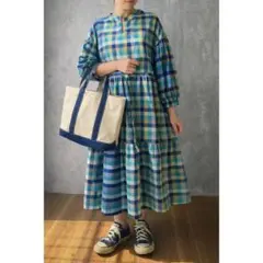 チェックロングワンピース　マドラスチェック　青　ティアード　希少