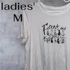 猫イラスト ホワイトTシャツ　半袖シャツ　カットソー　夏服　古着