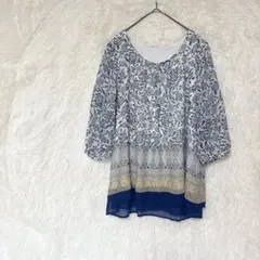 花柄 チュニック ブラウス 総柄 ブルー系 L