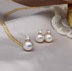 パール ダイヤ ネックレス イヤリング セット ゴールド 1粒 ステンレス 新品